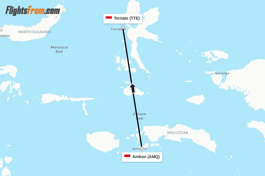 Flights from Ambon to Ternate route map