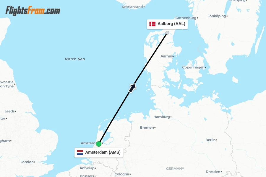 Flights from Amsterdam to Aalborg route map
