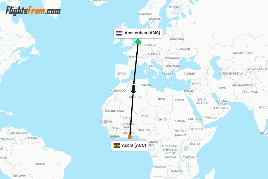 Flights from Amsterdam to Accra route map