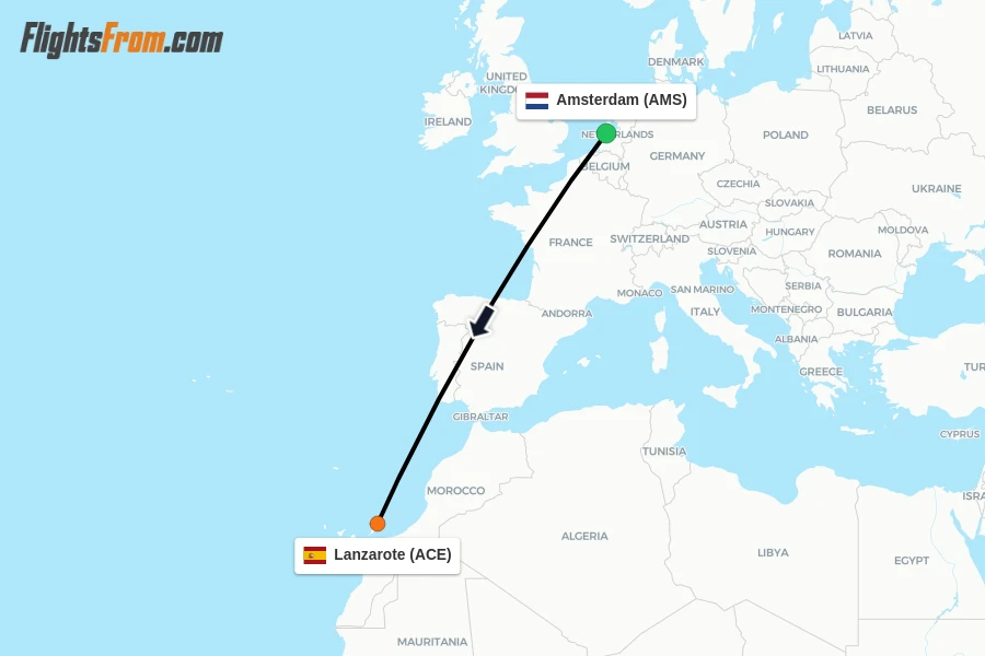 Flights from Amsterdam to Lanzarote route map