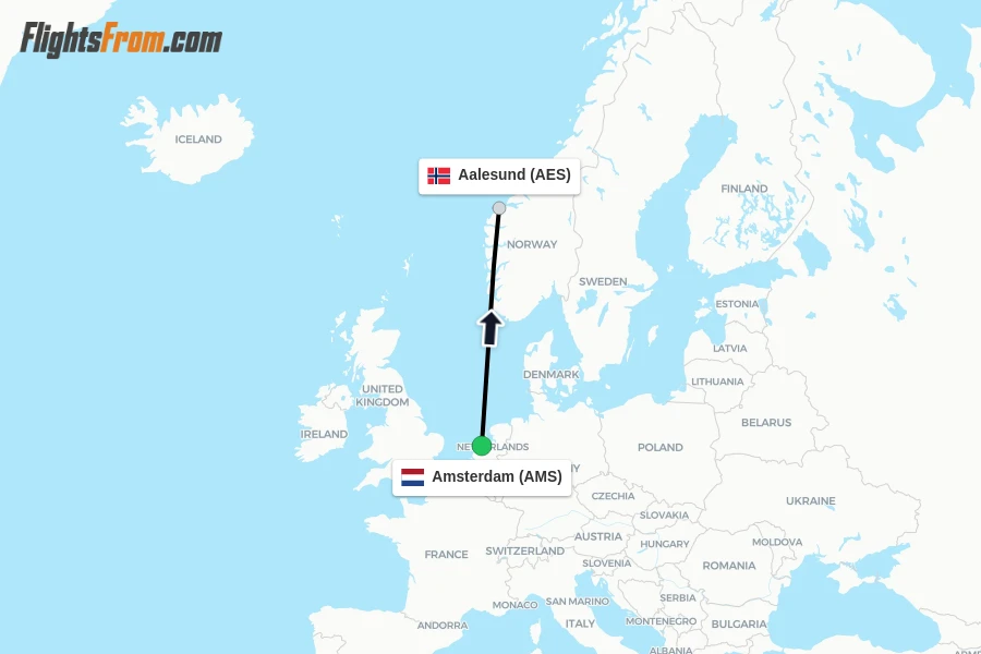 Flights from Amsterdam to Aalesund route map