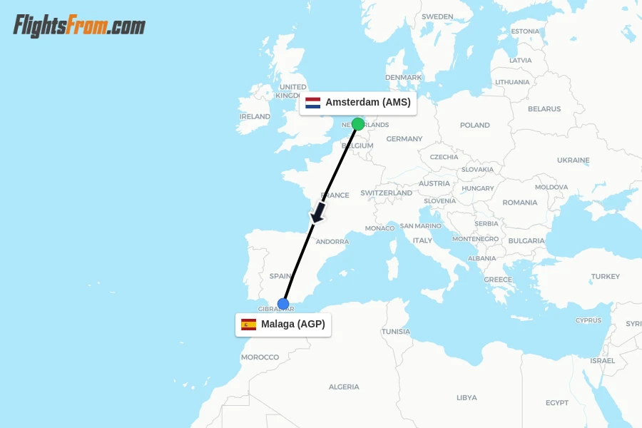 Flights from Amsterdam to Malaga route map