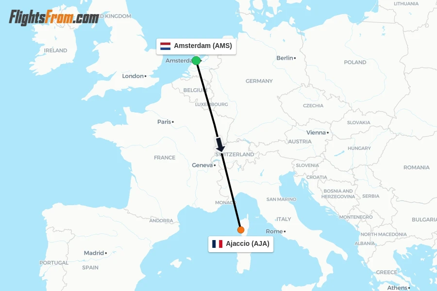 Flights from Amsterdam to Ajaccio route map