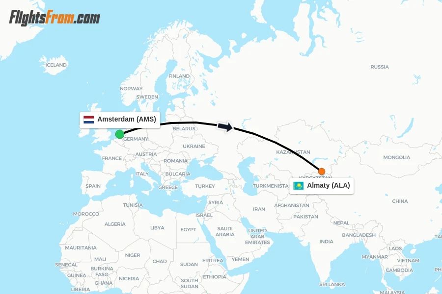Flights from Amsterdam to Almaty route map