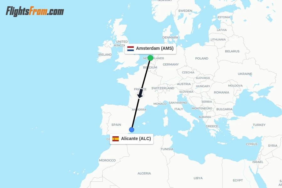 Flights from Amsterdam to Alicante route map