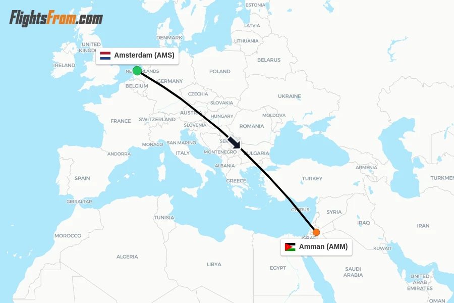 Flights from Amsterdam to Amman route map