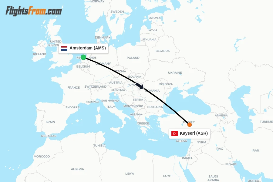 Flights from Amsterdam to Kayseri route map