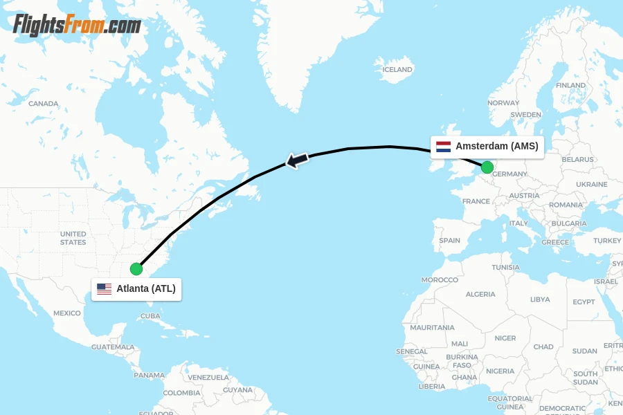 Flights from Amsterdam to Atlanta route map