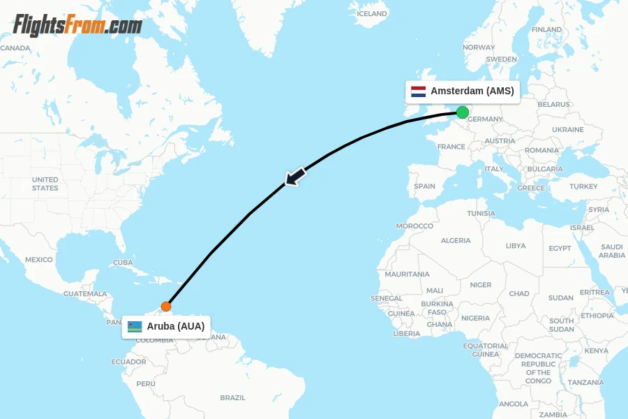 Flights from Amsterdam to Aruba route map