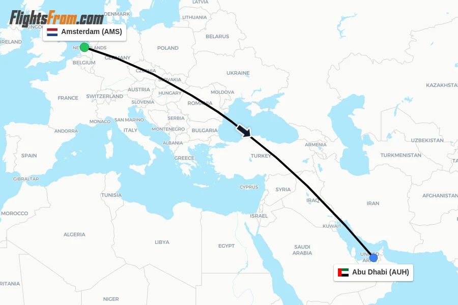 Flights from Amsterdam to Abu Dhabi route map