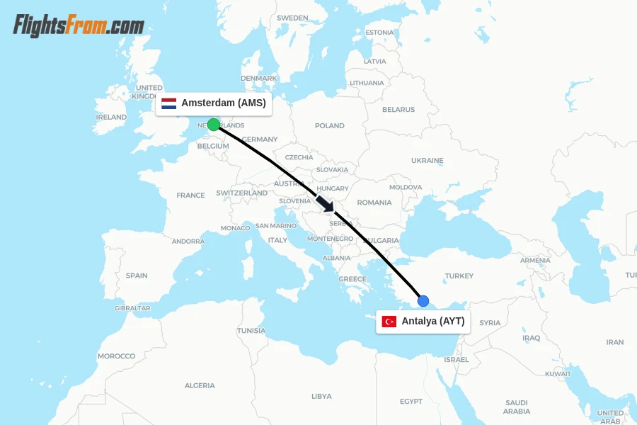 Flights from Amsterdam to Antalya route map