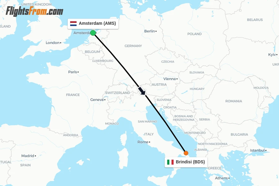 Flights from Amsterdam to Brindisi route map