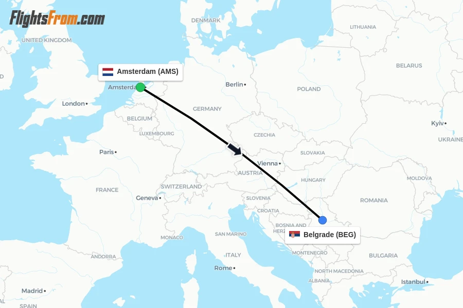 Flights from Amsterdam to Belgrade route map