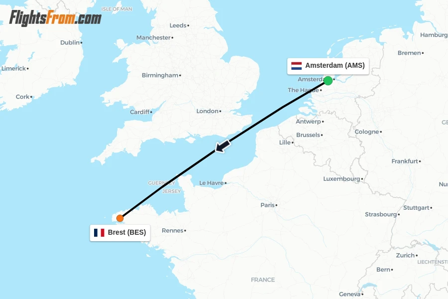 Flights from Amsterdam to Brest route map