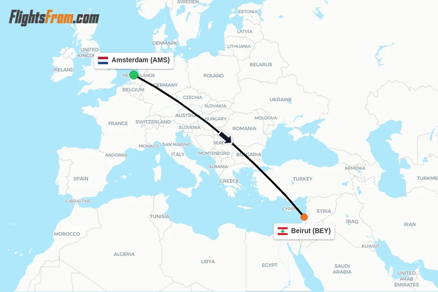 Flights from Amsterdam to Beirut route map