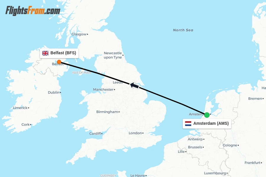 Flights from Amsterdam to Belfast route map