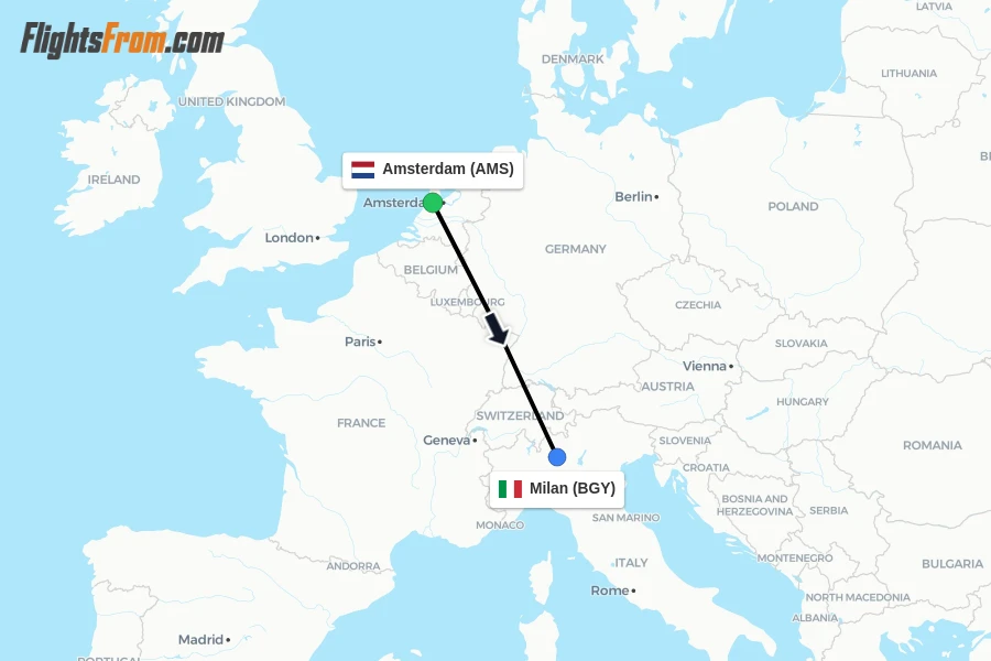 Flights from Amsterdam to Milan route map