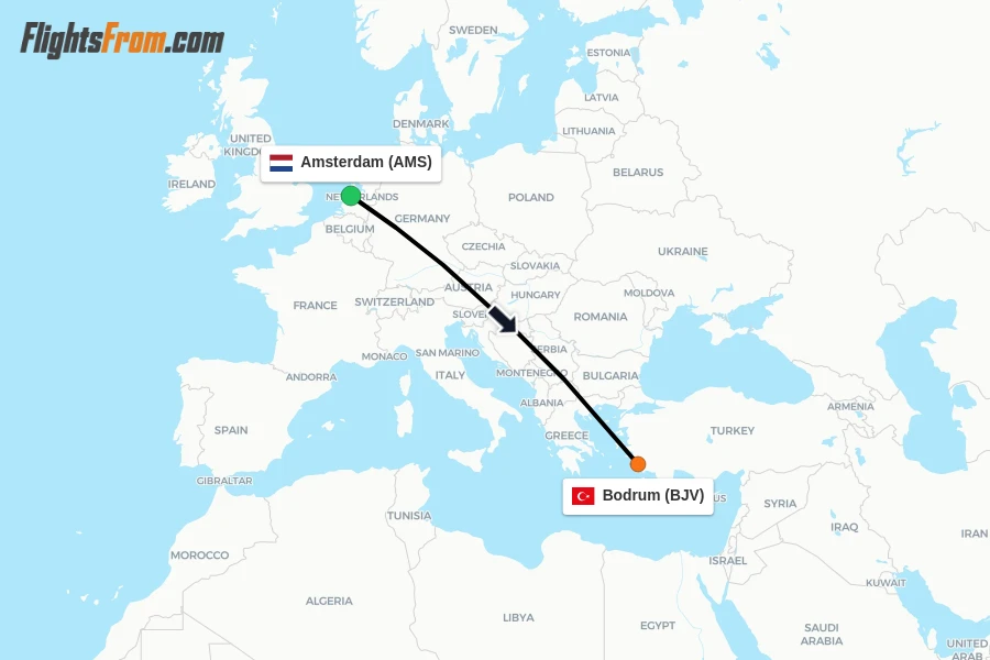 Flights from Amsterdam to Bodrum route map