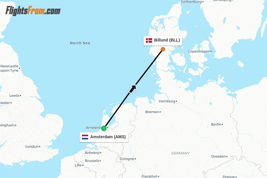 Flights from Amsterdam to Billund route map