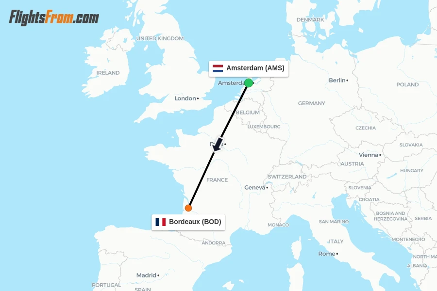 Flights from Amsterdam to Bordeaux route map