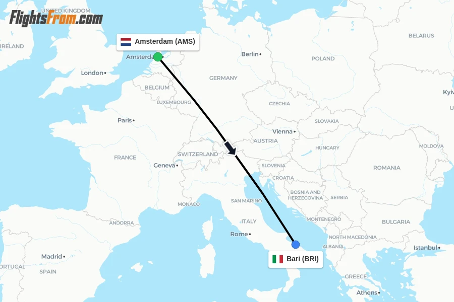 Flights from Amsterdam to Bari route map