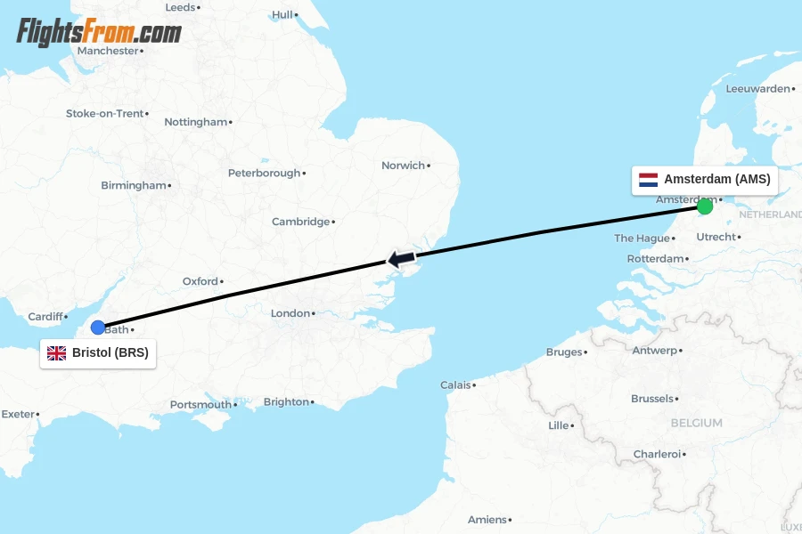 Flights from Amsterdam to Bristol route map