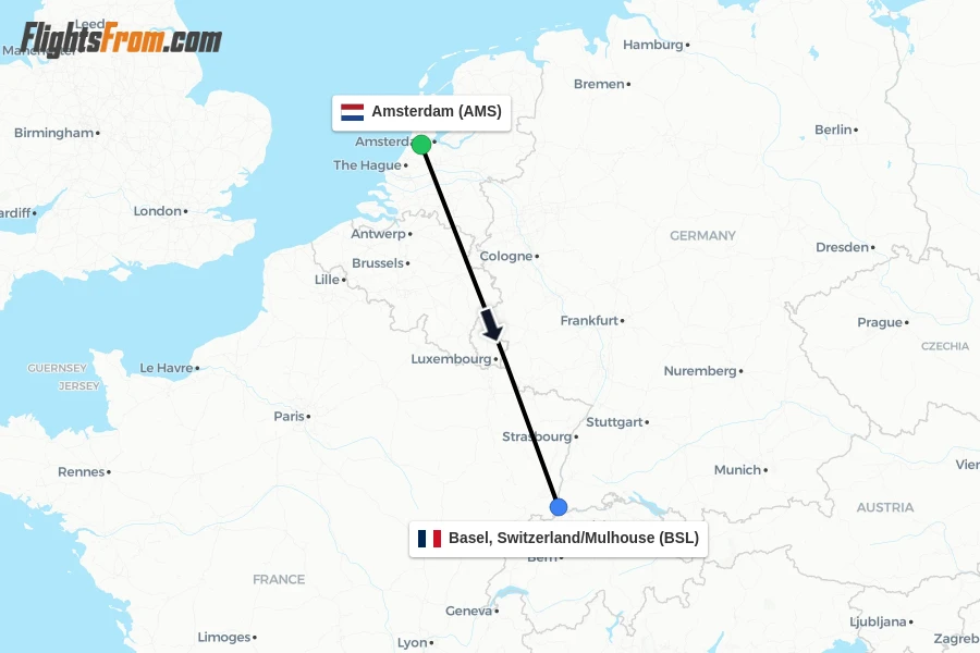 Flights from Amsterdam to Basel, Switzerland/Mulhouse route map