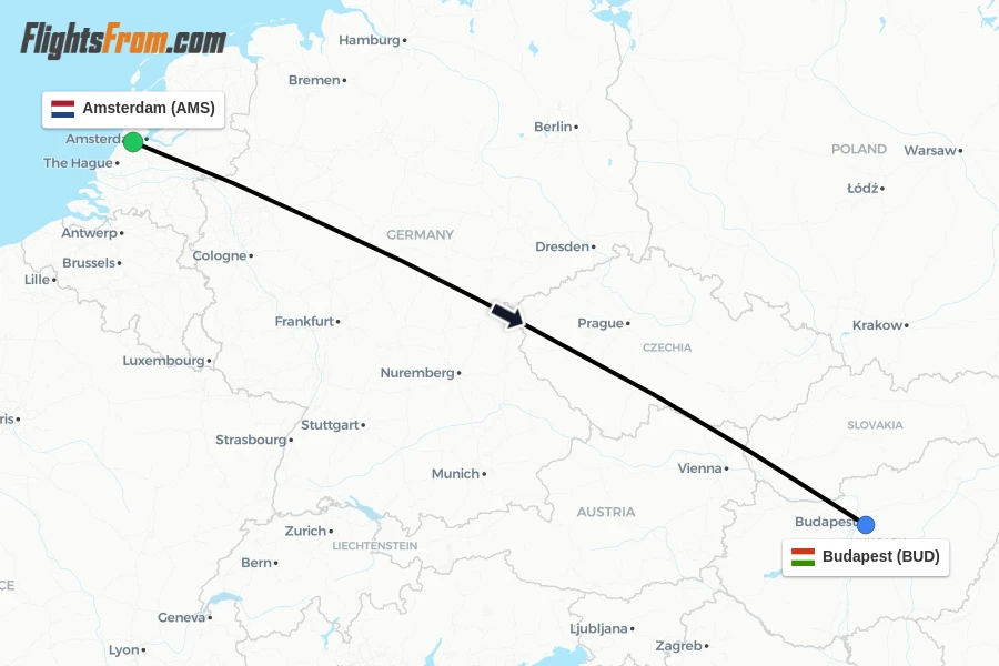 Flights from Amsterdam to Budapest route map