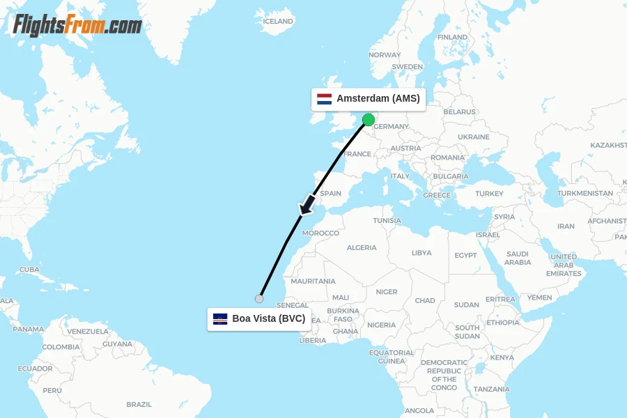 Flights from Amsterdam to Boa Vista route map