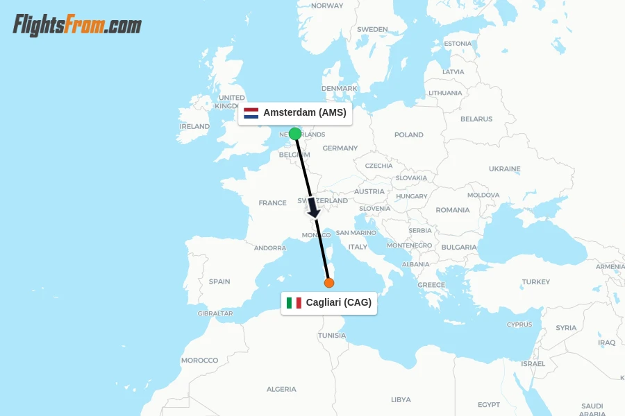 Flights from Amsterdam to Cagliari route map
