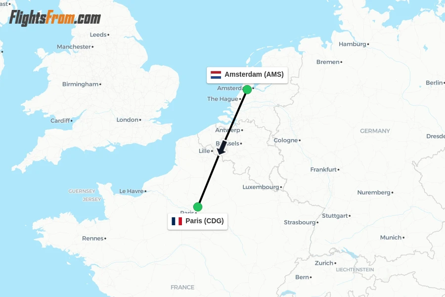 Flights from Amsterdam to Paris route map