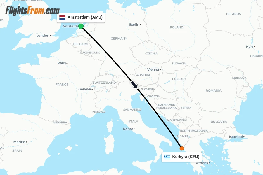 Flights from Amsterdam to Kerkyra route map