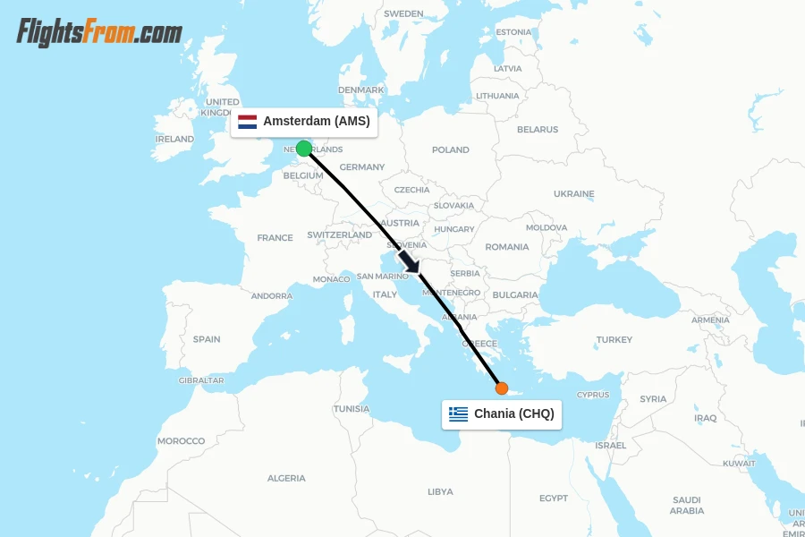 Flights from Amsterdam to Chania route map