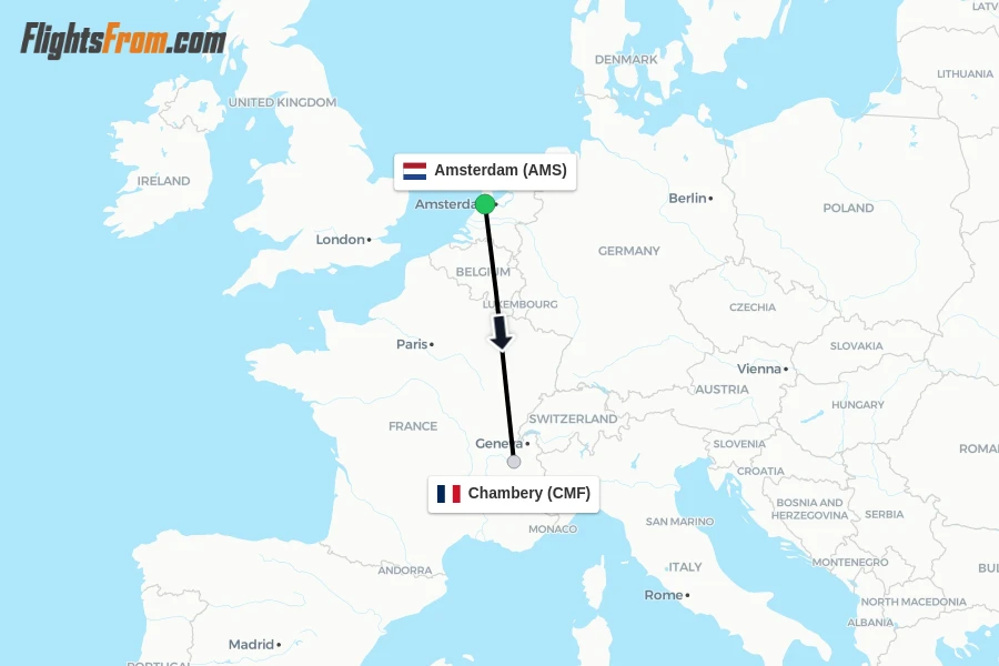 Flights from Amsterdam to Chambery route map