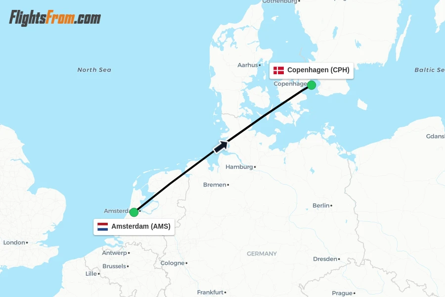 Flights from Amsterdam to Copenhagen route map