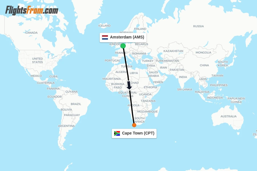 Flights from Amsterdam to Cape Town route map