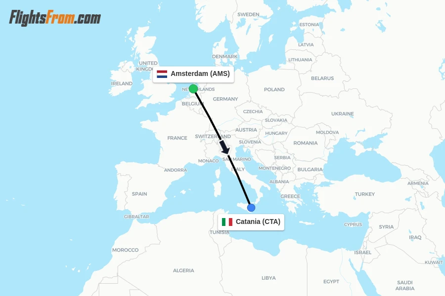 Flights from Amsterdam to Catania route map