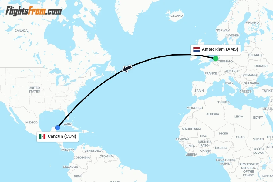 Flights from Amsterdam to Cancun route map