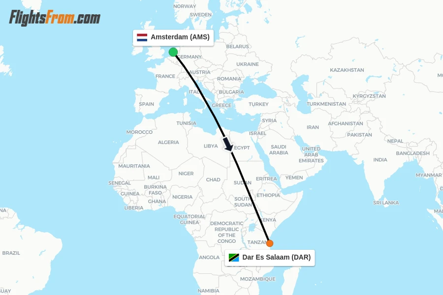 Flights from Amsterdam to Dar Es Salaam route map