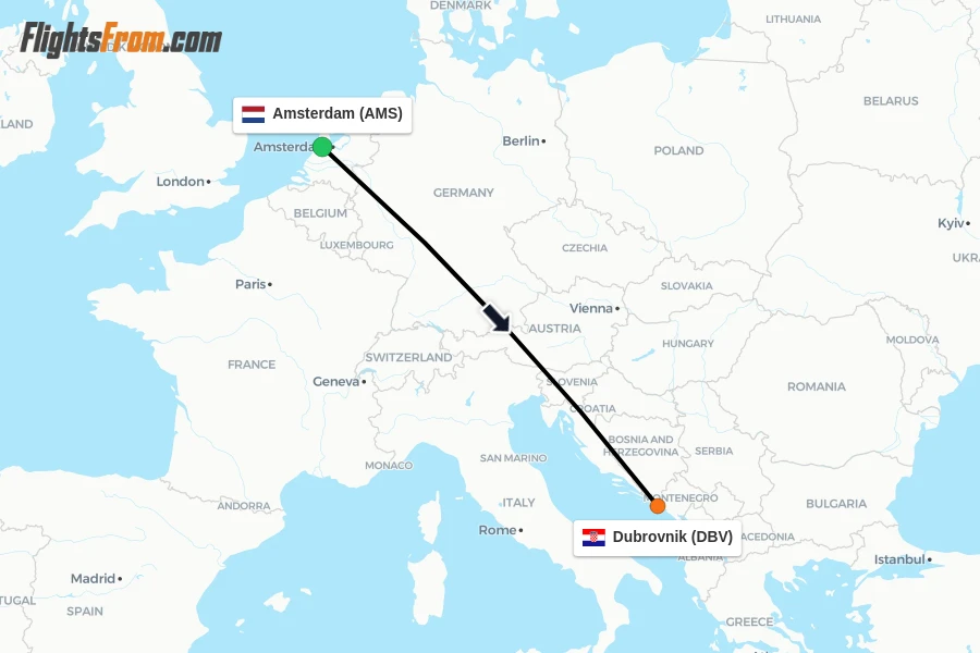 Flights from Amsterdam to Dubrovnik route map