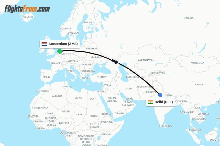 Flights from Amsterdam to Delhi route map