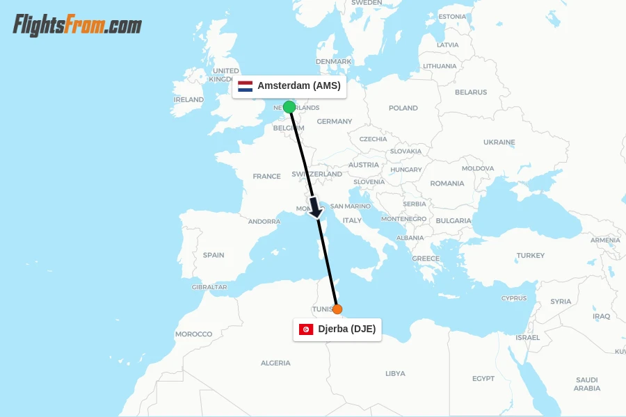 Flights from Amsterdam to Djerba route map