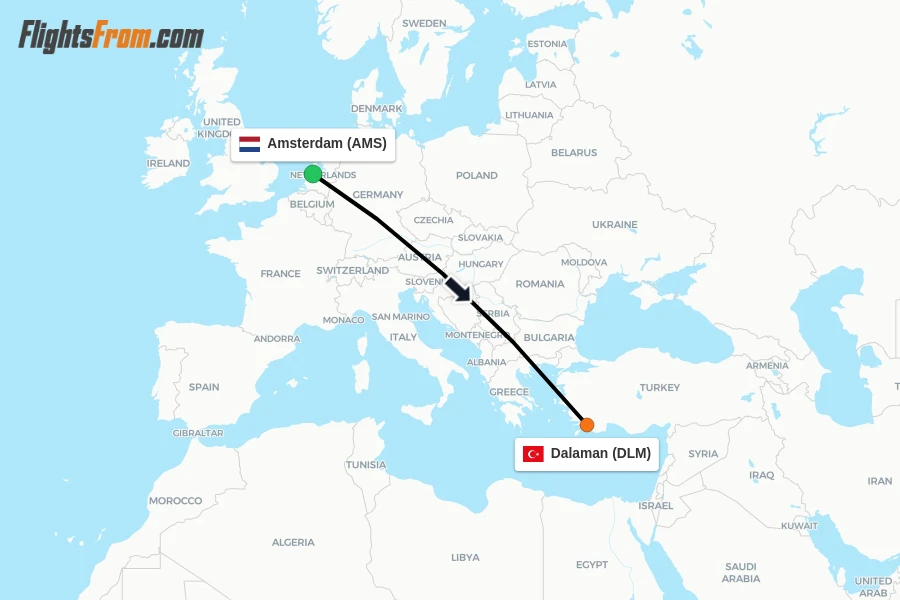Flights from Amsterdam to Dalaman route map