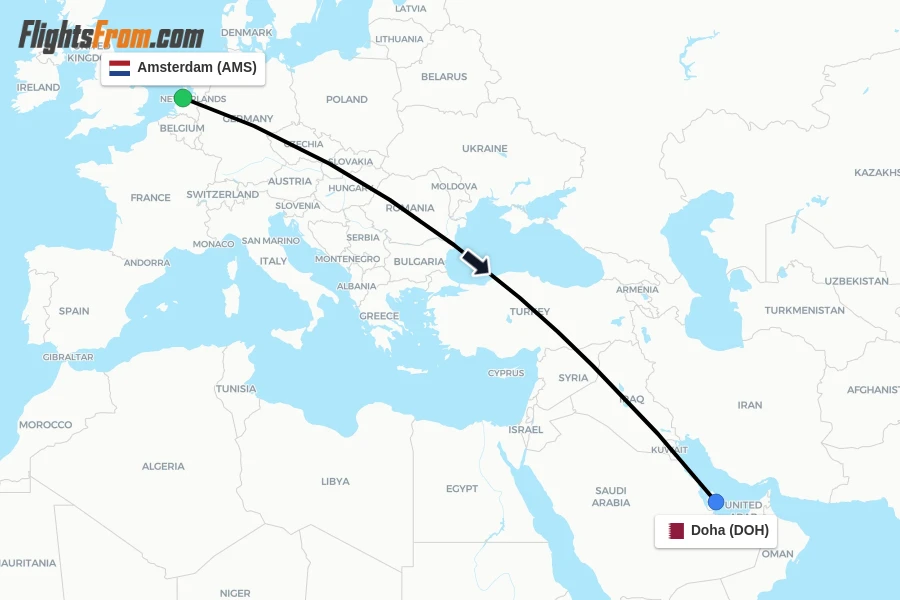 Flights from Amsterdam to Doha route map