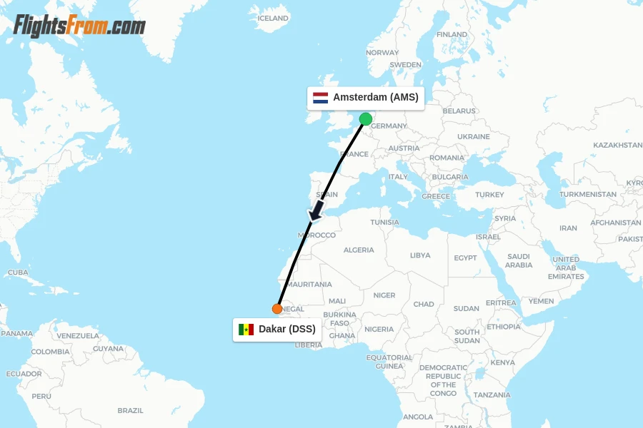 Flights from Amsterdam to Dakar route map