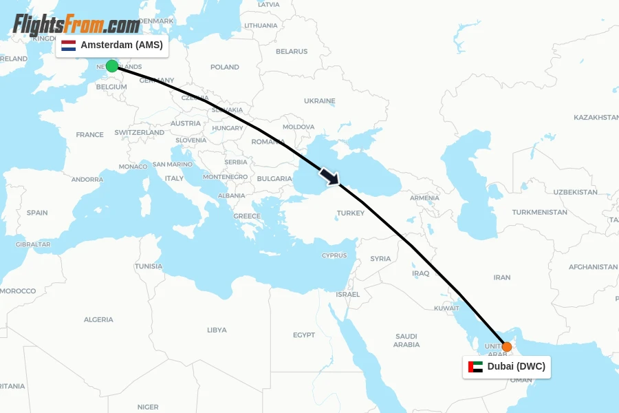 Flights from Amsterdam to Dubai route map