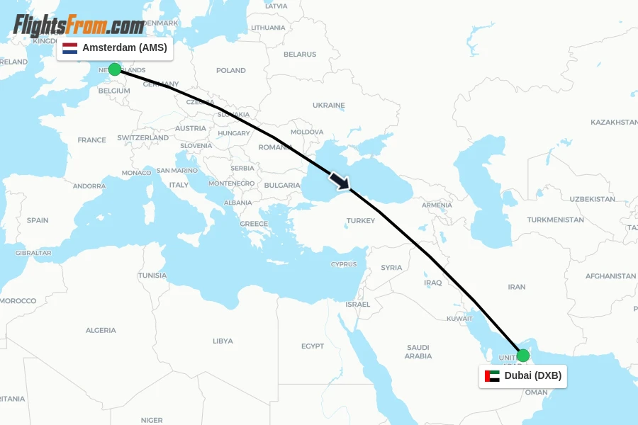 Flights from Amsterdam to Dubai route map
