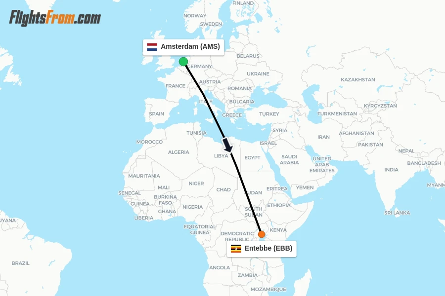 Flights from Amsterdam to Entebbe route map