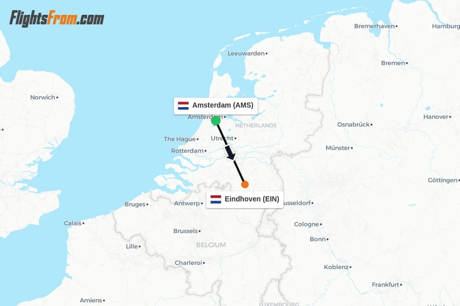 Flights from Amsterdam to Eindhoven route map