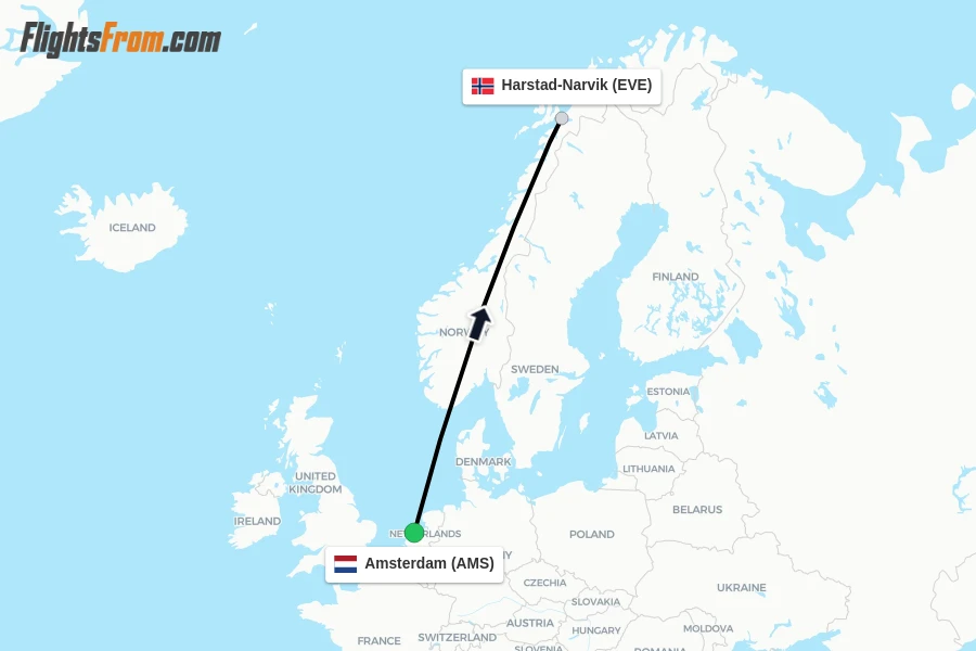 Flights from Amsterdam to Harstad-Narvik route map